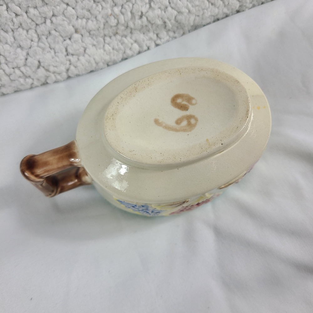 Vintage Ceramic Fan Floral Creamer Pitcher Pastel Faux Bamboo Handle Lavender - Picture 7 of 8